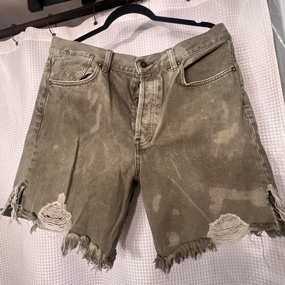 We The Free Olive Green Distressed Denim Cutoff Shorts